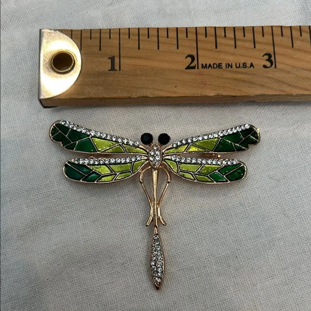 Green and Gold enamel and crystals Dragonfly Brooch